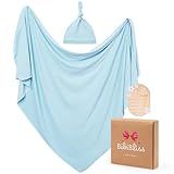 Stretchy Swaddle Blanket for Newborns with Hat & Hello World Card–Soft Baby Swaddles 0-3 Months,47"x 47"Supersoft Swaddle Blanket,Receiving Blanket for Boys & Girls (Baby Blue)