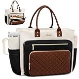 LOVEVOOK Teacher Tote Bag for Women Work, Laptop Bag With Large Cup Holder, Nurse Bags Professional Briefcase Business Computer Purses Handbag Gifts, Black-Beige-Brown, 15.6 Inch
