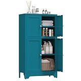 QPRVPTOW Blue Bathroom Storage Cabinet,Metal Bathroom Cabinet,Navy Blue Storage Cabinets,Bathroom Floor Cabinet with 2 Adjustable Shelves&4 Doors