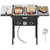 VEVOR Outdoor Propane Deep Fryer, Double Burners Commercial Fryer, 16 Qt Stainless Steel Cooker with Removable Baskets & Lids & Tanks, Oil Fryer Cart with Thermometer & Regulator, For Outdoor Cooking