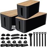 128PCS Cable Management Box 3Pack Cable Management Kit for Power Strip to Hide Wires,Cord Hider Boxes,Cord Box Safe ABS Material Wire Organizer of Cable Clips Sleeve for Home & Office, Black