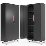 Rumetol Metal Storage Cabinet with Wheels,71" Garage Cabinets with 4 Adjustable Shelves and Lockable Doors,Black Locking Cabinet Suitable for Garages,Home,Office