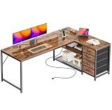 PRAISUN 61" L Shaped Desk with Power Outlets & 4 Drawers
