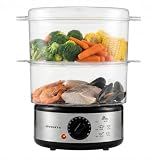 OVENTE 2-Tier Electric Food Steamer, 5 Quart Stainless Steel Stackable Steam Cooker with 400W Power, 60-Minute Timer & Auto Shut-Off, Dishwasher Safe, Healthy Vegetable & Seafood Steamer, Silver FS62S