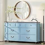 Joaxswe Farmhouse 54" 7 Drawers Dresser for Bedroom, Wide Wood Chest of Drawers w/ 4 Wooden Legs, Vintage Large Storage Dressers Organizer for Hallway, Rustic TV Stand for Living Room, Light Blue
