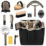 Abbylike 12 Pieces Horse Grooming Kit with Organizer Tote Bag Tack Room Supplies Horse Brush Sets Equine Care Cleaning Kit Shedding Grooming Massaging Tools(Khaki)