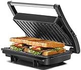 Panini Press Grill, Aigostar 1000W Sandwich Maker with Ceramic Non-stick Plates, Opens 180 Degrees for Any Size Food, 3-in-1 Sandwich Press Electric Grill, Drip Spout & Locking Lid, Sliver