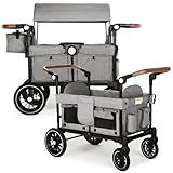 TODEFULL Wagon Stroller for 2 Kids, Foldable Kids Wagon Cart Featuring with Harnesses, Adjustable Double Push Handle, Removable Canopy, Snack Tray, Large Storage Bag, Gray