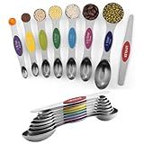 ChefAide Pack of 8 Stainless Steel Magnetic Measuring Spoons Set, Dual Sided, Stackable, Adjustable Teaspoon and Tablespoon Measure Spoon with Leveler, Kitchen Gadgets