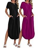Riyiper 2 Pieces Women's Short Sleeve Maxi Dress Round Neck Casual Loose Split Long Summer Beach Shirt Dress with Pockets (Black, Reddish Purple,Small)