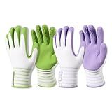 Brigic Bamboo Gardening Gloves 2 pair, Breathable Rubber Coated, Outdoor Work Garden Gloves For Women, Green & Purple (Large)