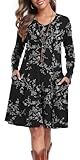 lionstill Women's Casual T Shirt Dresses Fall Long Sleeve Swing Simple Dress with Pockets, Black Carved White XL
