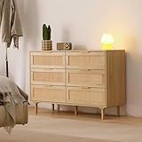 FUQARHY Rattan Dresser for Bedroom, Modern 6 Drawer Double Dresser with Gold Handles, Wood Storage Chest of Drawers fo Bedroom,Living Room,Hallway (Natural)