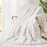 Touchat Luxury 1000GSM Faux Rabbit Fur Throw Blanket, Super Heavy Warm Cozy Blankets for Couch Bed Sofa, Bubble Plush Fuzzy Elegant Soft Reversible Mink Blanket for Living Room Bedroom, Cream White