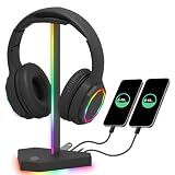 RGB Headphones Stand with 1 USB-C Data Transmission& 3 Type-C Charging Port, Desk Gaming Headset Holder with 7 Light Modes and Non-Slip Rubber Base (Black)