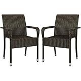 Yaheetech Set of 2 Stackable Outdoor Rattan Dining Chairs, All-Weather Armchair w/Armrests, Steel Frame for Garden, Patio, Deck, Yard, Poolside, Brown