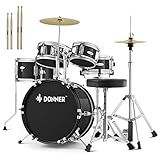 Kid Drum Sets-Donner 5-Piece for Beginners, 14 inch Full Size Complete Junior Drum Kit with Adjustable Throne, Cymbal, Hi-Hat, Pedal & Drumstick, Metallic Black