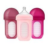 Boon Nursh Bottles - Silicone Baby Bottles Help Ease Colic Symptoms - Reusable Food-Grade Silicone Pouches with Polypropylene Shell - Medium Flow - 8 Oz - Pink