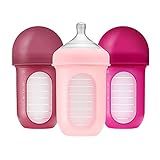 Boon Nursh Bottles - Silicone Baby Bottles Help Ease Colic Symptoms - Formula and Breast Milk Only Touch Platinum Food-Safe Silicone - Medium Flow - 8 Oz - Pink