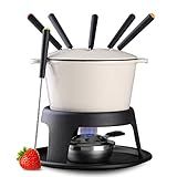 Artestia Cast Iron Fondue Pot Set for Chocolate Cheese Swiss Fondue Set for Meat with 6 Fondue Forks, Cheese Camping Fondue Set Serve 6 Persons(White)