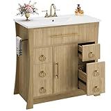 IRONCK 36" Bathroom Vanity with Sink, Freestanding Bathroom Sink Cabinet with 4 Drawers & 1 Flip-Down Drawer, Wood Grain Texture, Metal Handle, Farmhouse