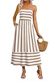 OFEEFAN Maxi Dress Spaghetti Strap Business Casual Spring Sundresses for Women Summer Beach Vacation Cruise Outfits Vestidos Casuales para Mujer Khaki Striped M