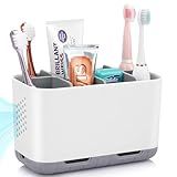 Boperzi Toothbrush and Toothpaste Holder Drainage for Bathroom Countertop with Adjustable Dividers, Large Toothpaste Caddy Organizer Storage Rustic Decor Set Anti-Slip for Shower,Family,Kids Gray