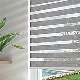 Joydeco Cordless Zebra Blinds for Windows, Dual Layer Free-Stop Zebra Shades Privacy Light Control for Day and Night, Light Filtering Sheer Blinds for Indoor Windows (Grey, 34" W x 75" H)