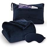 Bedsure Travel Blanket Airplane Compact with Storage Bag, Packable Blanket with Eye Mask, Lightweight 2-in-1 Travel Essentials, Functioned as Pillow for Airplane Comfort and Warmth, Navy