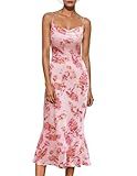 BeryLove Women's Wedding Summer Floral Print Mesh Spaghetti Strap Midi Dress Sexy Bodycon Dress Backless Cowl Neck Party Long Dresses WY002 Print PinkXL