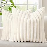 decorUhome Faux Fur Fall Throw Pillow Covers 18x18 Set of 2, Decorative Soft Plush Striped Neutral Couch Pillow Covers with Velvet Back for Sofa, Bed, Living Room Home Decor, Cream White
