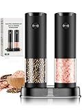 Electric Salt and Pepper Grinder Set Automatic Battery Pepper Mill Shakers Adjustable Coarseness Easy Filling Upgraded Larger Capacity with Led (2 Pack Black/Black)
