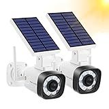 Techage Solar Battery Powered Metal Fake Security Camera, Dummy Cameras, Motion-Activated Floodlights, Realistic Look, Easy to Install, IP66 Waterproof, Warning Sticker Included, Pack of 2(White)