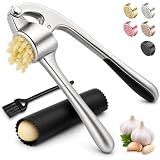 Kitchen Garlic Press, Rust Proof & Dishwasher Safe Garlic Mincer, Durable Garlic Crusher Set with Peeler＆Brush, Easy to Clean and Squeeze, Matte