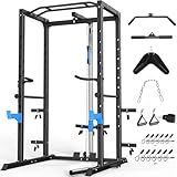 ULTRA FUEGO Power Cage, Multi-Functional Power Rack with J-Hooks, Dip Handles, Landmine Attachment and Optional Cable Pulley System for Home Gym (Power Cage with Pulley System)