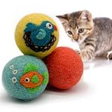 Hustle & Blush Love Ewe Wool Cat Toys Ball 3 Pack, 2-inch Fish and Bird
