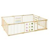 ZETY Natural Wood Baby Playpen, 10 Panel Foldable Play Yard, Door & Toys