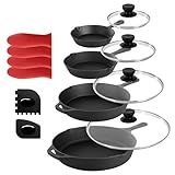 MegaChef 13 Piece Pre-Seasoned Cast Iron Skillet Set with Temperd Glass Lids and Silicone Holders