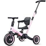 newyoo Toddler Tricycle,Toddler Bike,Birthday Gifts and Toys for 1-3 Year Old Boys and Girls, Trike with Push Handle, Backrest and Safety Belt, Balance Bike, TR007, Pink