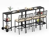 PIZZELLO 6 Piece Outdoor Patio Bar Set, 2 PCS 47" Rectangular Counter Height High Top Bar Tables with Wheels, 4 Cushioned Bar Stools, Metal Bar Table and Chairs Set for Balcony, Backyard, Porch