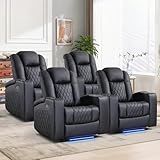 ANJ Home Theater Seating Power Recliner Set of 4 with Arm Storage, Faux Leather Recliner Sofa with LED Light, Electric Movie Reclining Chairs with USB Ports & Cup Holders for Media Living Room, Black