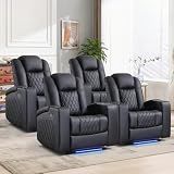ANJ Home Theater Seating Power Recliner Set of 4 with Arm Storage, Faux Leather Recliner Sofa with LED Light, Electric Movie Reclining Chairs with USB Ports & Cup Holders for Media Living Room, Black