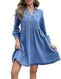Hersuitful Denim Dress for Women Long Sleeve V Neck Tiered Casual Babydoll Mini Jean Shirt Dresses Blue L