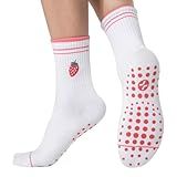 COOLMATE Pilates Socks with Grips for Women, Yoga Socks, Crew Non Slip Women for Workout, Barre, Pilates Gifts (US, Numeric, 6, 10, Regular, Regular, 1 Pair Strawberry (Embroidered))