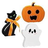 Tianhengyi Wooden Halloween Decorations Set - Cute Ghost, Pumpkin & Black Cat Blocks Signs for Indoor Outdoor Holiday Home Decor, Mantel, Tabletop Centerpiece, Spooky Gift (Set of 3)