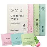 Dew Well Deodorant Wipes - On-the-Go Travel Deodorant - Fresh Mint, Rose & Cucumber Scents Body Wipes for Women - Aluminum, Paraben & Sulfate Free Mini Toiletries - 50 Count, Mint/Rose/Cucumber
