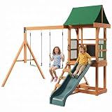SunSwell Wooden Swing Sets for Backyard, Outdoor Playset Sets for Backyards, Playground Sets with 6 FT Wave Slide, Play Deck, Rock Wall Ladder, 2 Belt Swings, Chalkboard, Canopy Roof