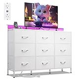 WLIVE White Dresser TV Stand for 50, 55 inch, Led Dresser for Bedroom, 9 Fabric Drawers with Charging Station, Chest of Drawers, Clothes Storage Drawers with Wood Top, Living Room, Closet