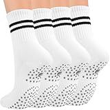 Toes Home Pilates Socks for Women with Grippers, Non Slip Yoga Crew Socks for Barre Hospital Exercise Workout Sticky Athletic Slipper Socks 4 Pairs White