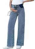 BLENCOT Pregnancy Pants for Women Loose Fit Wide Leg Jeans Sail Blue